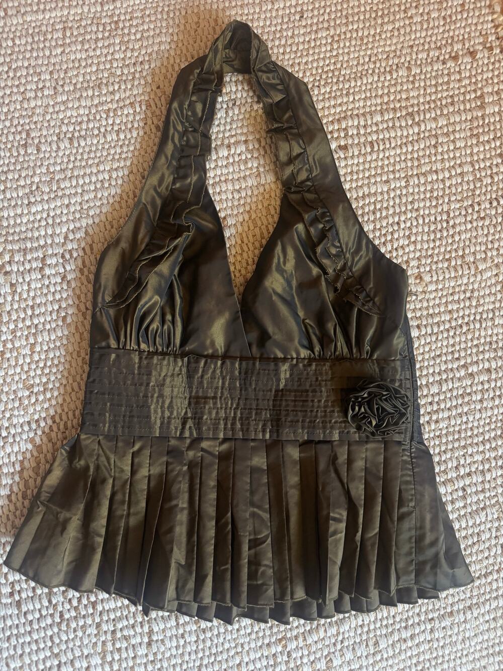 Bebe Y2K Halter Top Shiny Olive Satin Pleated Peplum Rosette Ruffle Coquette S